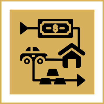 Financial flowchart with car, house, gold