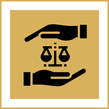 Two hands surrounding balance scales symbol