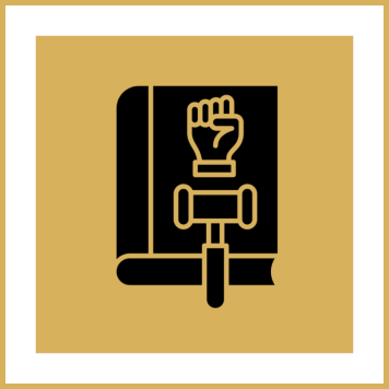 Book, gavel, and fist icon